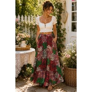 Kaktus Floral Patchwork Cotton Midi Skirt Women Large Boho Cottagecore Pockets